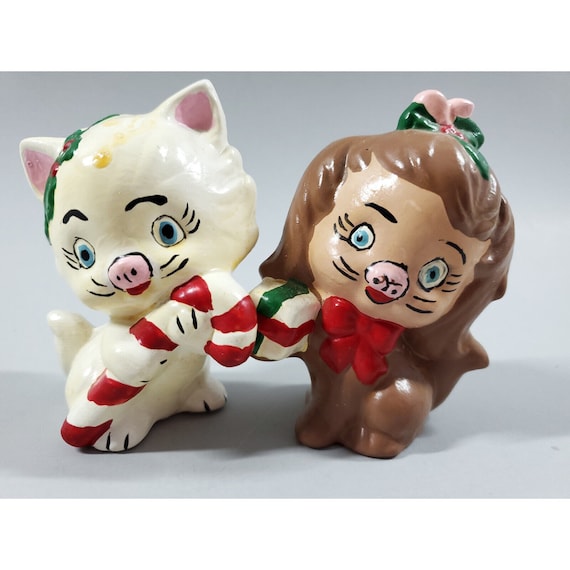 Vintage Kitsch Big Blue Eye Dog Cat Hand Painted Ceramic Christmas Figurines