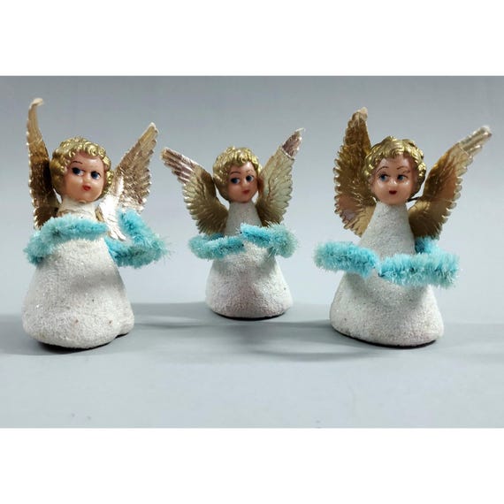 Vintage MCM Angel Putz Style Plastic Face Chenille Christmas Ornaments Set 3