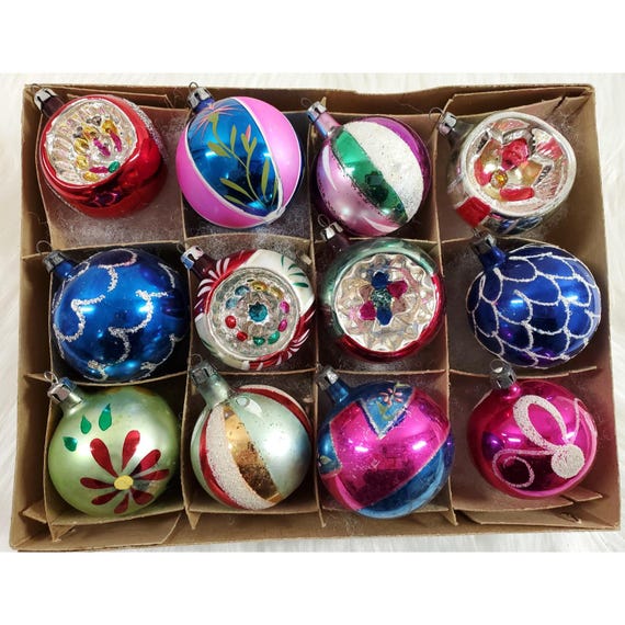 12 Vintage Poland Fantasia Mica Stripe Indent Glass Ball Christmas Ornaments