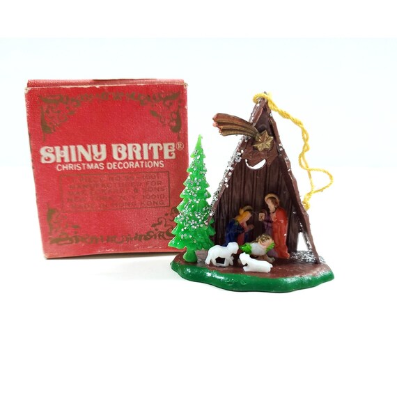 Vintage Shiny Brite Mini Plastic Nativity Scene Christmas Tree Ornament w Box