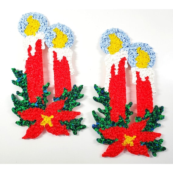 2 Vintage Christmas Melted Plastic Popcorn Window Wall Decor Candle Poinsettia