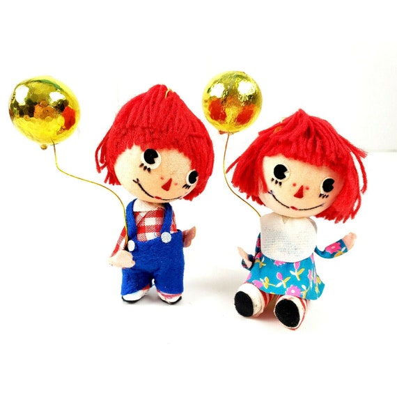 NOS Vintage Japan Felt Raggedy Ann & Andy w Gold Balloon Christmas Ornaments