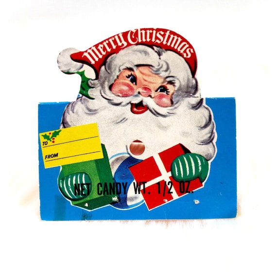 Vintage Rosen Rosbro Santa Claus Merry Christmas Blue Die Cut Candy Lollipop Tag b