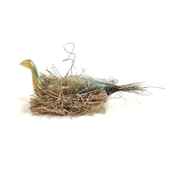 Antique German Wire Tinsel Wrapped Figural Glass Swan Bird Ornament