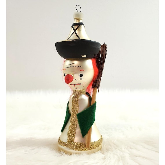 Vintage Columbia Blown Glass Figural Witch w Broom Christmas Ornament