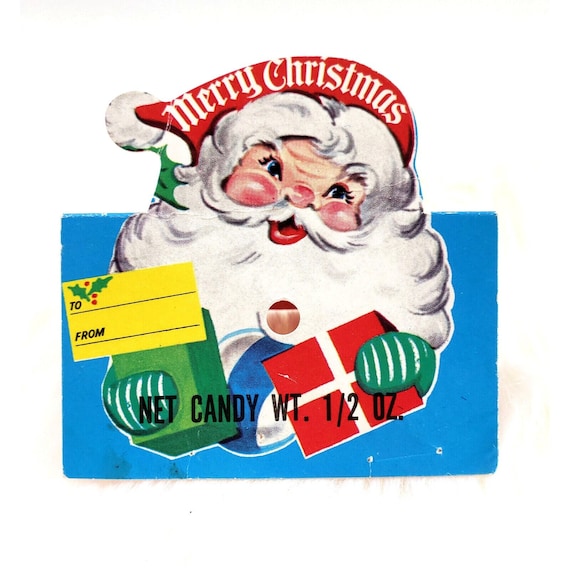 Vintage Rosen Rosbro Santa Claus Merry Christmas Blue Die Cut Candy Lollipop Tag