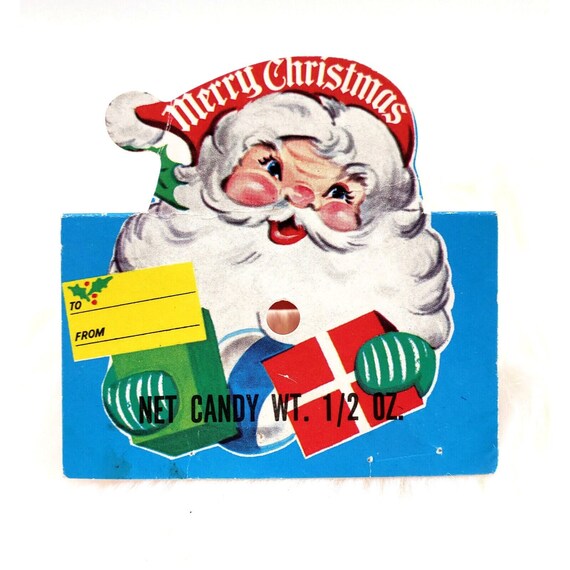 Vintage Rosen Rosbro Santa Claus Merry Christmas Blue Die Cut Candy Lollipop Tag