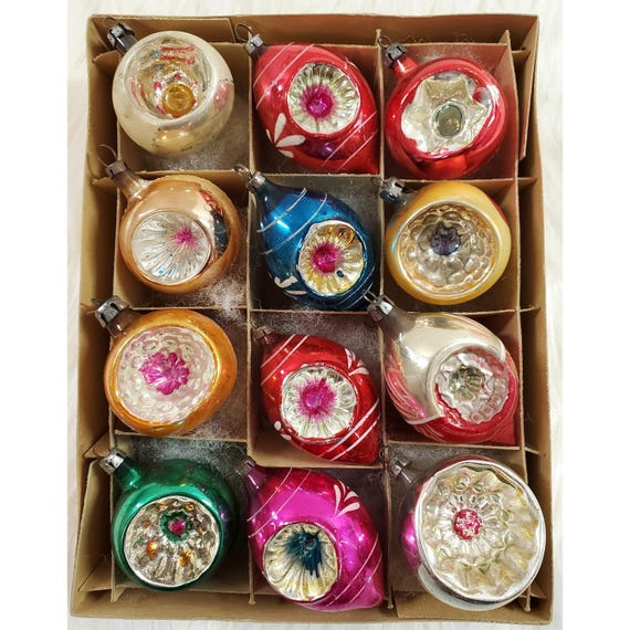 12 Antique Poland Double Indent Teardrop Ball Glass Vintage Christmas Ornaments