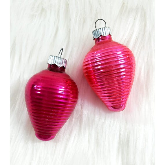 2 Vintage Shiny Brite Pink Ribbed Chinese Lantern Glass Christmas Ornaments
