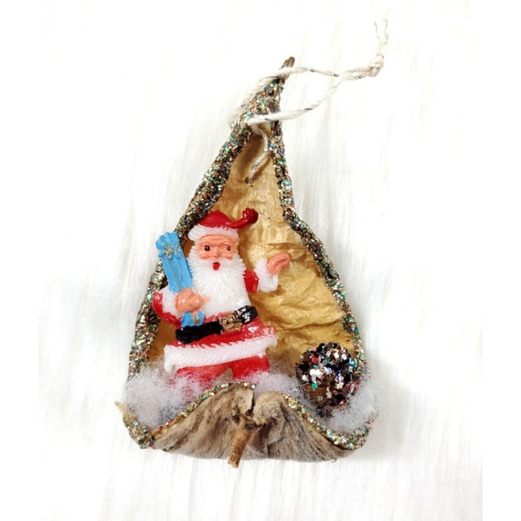 Vintage Handmade Nut Leaf Santa Claus Glitter Diorama Kitsch Christmas Ornament