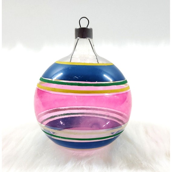 Vintage WWII Premier Unsilvered Pink Blue Stripe Glass Ball Christmas Ornament