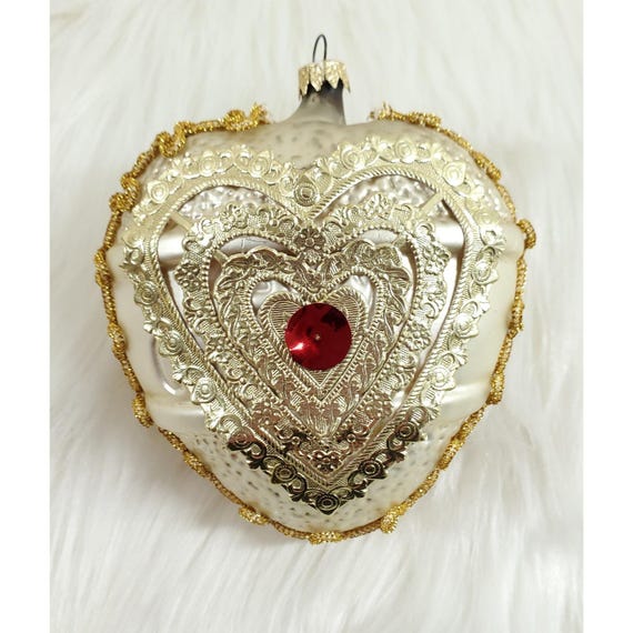 Vintage West Germany Merry Christmas Embellished Blown Glass Heart Ornament