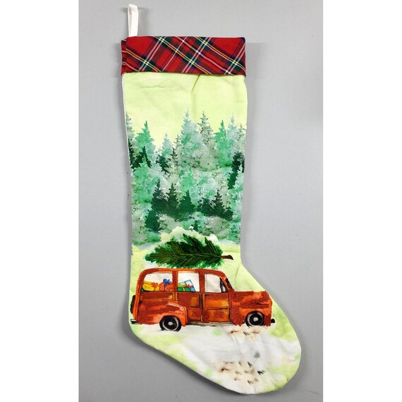 Nicole Miller Home Woody Wagon w Christmas Tree Presents Holiday Stocking