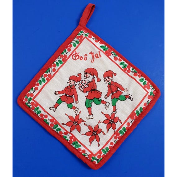 Vintage Swedish God Jul Santa Elves Christmas Kitchen Red Hot Plate Pot Holder
