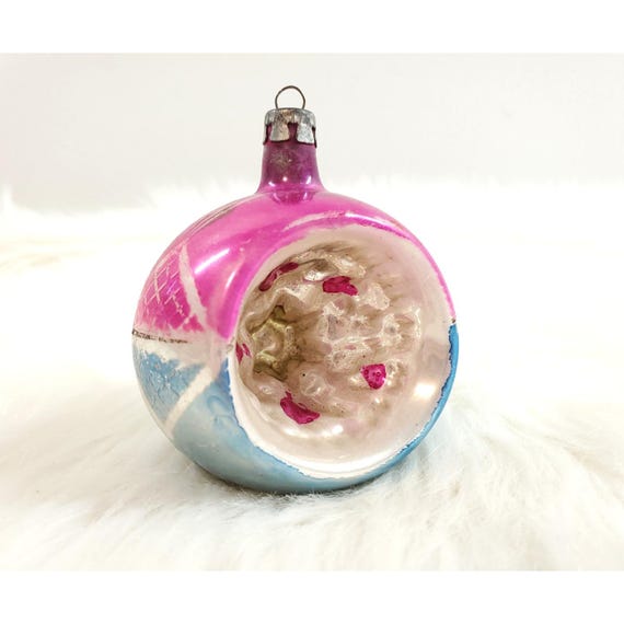 Vintage Poland Fantasia Pink Blue Indent Glass Christmas Ornament 3"