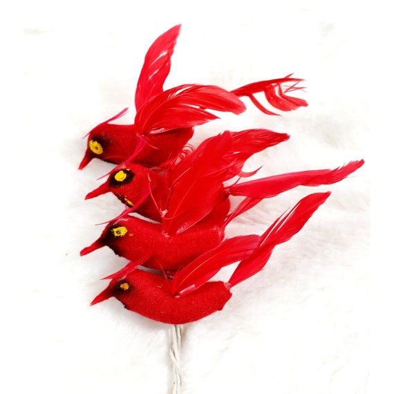 4 Vintage Red Flocked Feather Cardinal Bird Christmas Pick Tie On Ornament