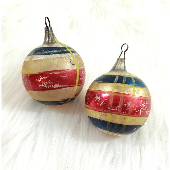 2 Antique Patriotic RWB Red Blue Glass Ball Christmas Feather Tree Ornaments 2"