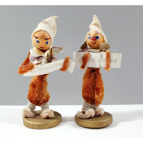 2 Vintage Japan Putz Spun Cotton Face Chenille Choir Elf Gnome Christmas Figures