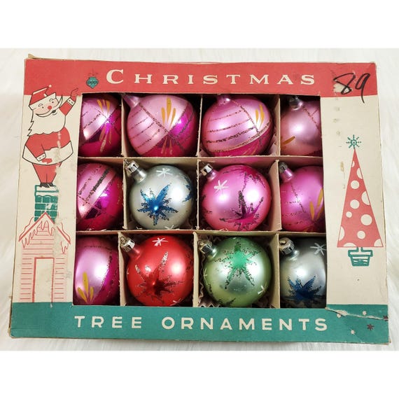 Vintage Poland Fantasia Mica Hand Painted Ball Glass Christmas Ornaments Box 12