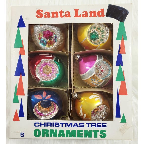 6 Vintage Santa Land  Poland Jumbo Teardrop  Glass Christmas Ornaments w Box
