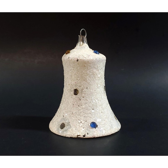 Vintage Unsilvered Mica Bell Glass Rhinestones Clapper German Christmas Ornament