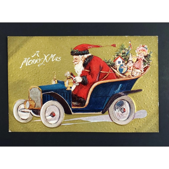 Vintage Christmas Postcard Santa Claus Driving Toy Filled Automobile Car