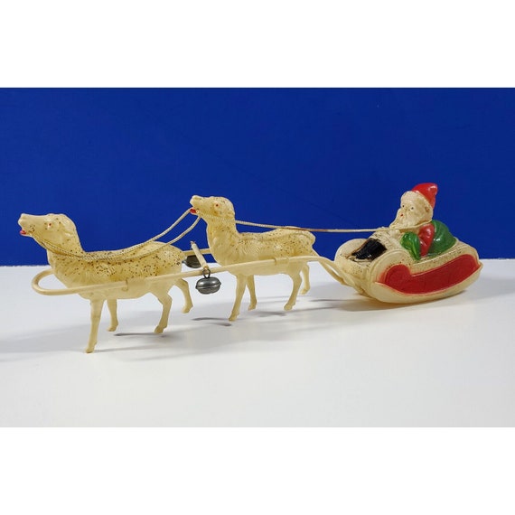 Vintage Japan Celluloid Santa Claus Sleigh Sled 2 Reindeer Christmas Figure