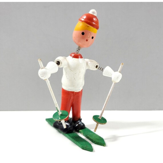 Vintage Goula Spain Wooden Bobblehead Nodder Ski Skier Christmas Figurine