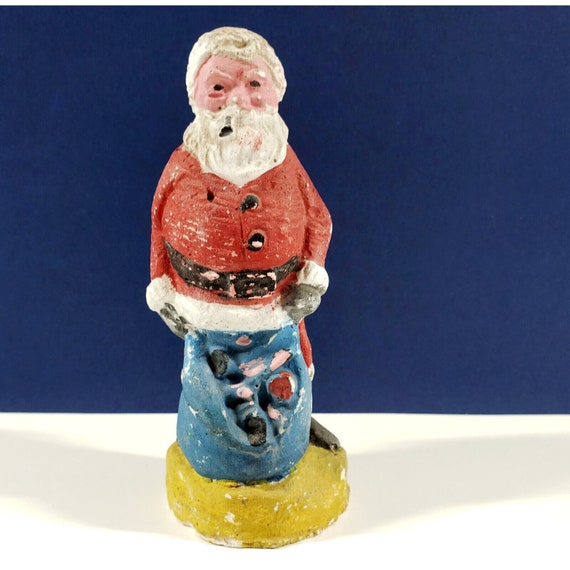 1940s Vintage Chalkware Santa Claus w Pipe Bag of Toys Christmas Figurine b