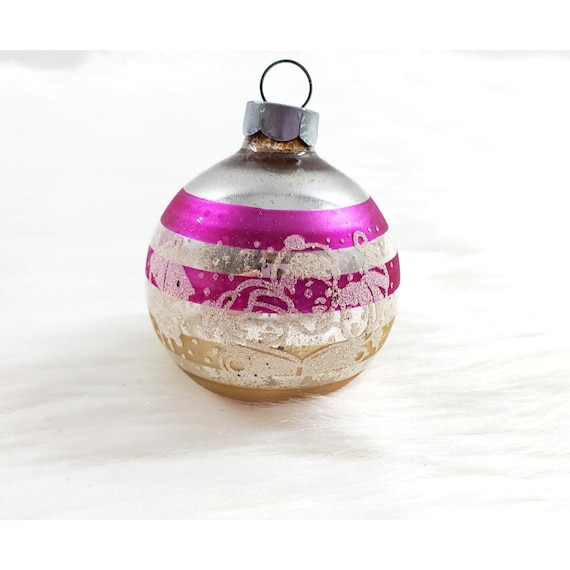 Vintage Shiny Brite Mica Stencil Carolers Pink Stripe Glass Christmas Ornament