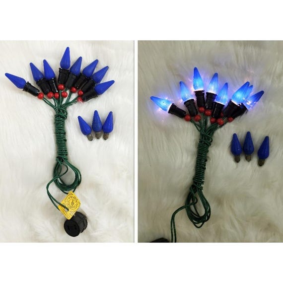Vintage Christmas Tree String Lights Set 8 Blue Mazda Bulbs C6 Tested w 3 Spares
