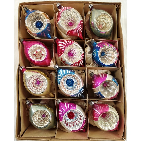 12 Vintage 4" Jumbo Indent Poland Mica Teardrop Blown Glass Christmas Ornaments