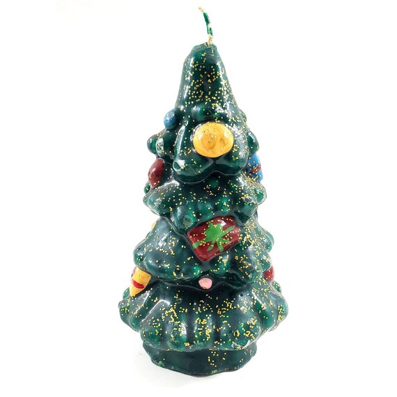 Vintage Christmas Tree Decorated Present Ornament Glitter Pillar Candle 6"
