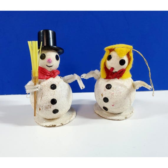 Vintage Spun Cotton Paper Mache Mica Mr & Mrs Snowman Couple Japan Christmas