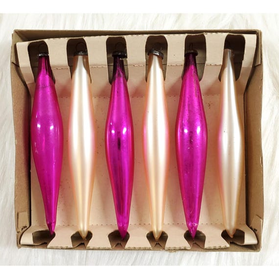 6 Vintage Pink Gold Mini Icicle Glass Feather Tree Christmas Ornaments Japan