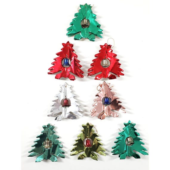 8 Vintage Atomic Foil Christmas Tree 3D Metal Jingle Bell Ornaments Display 5"