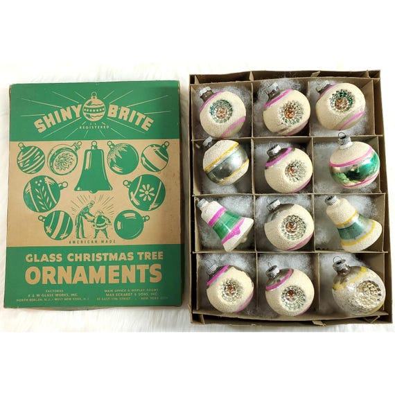 12 Vintage Shiny Brite Atomic Striped Mica Indent Bell Glass Christmas Ornaments