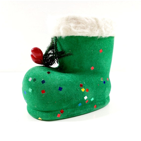 Vintage Japan Green Flocked Glitter Santa Claus Boot Christmas Candy Container