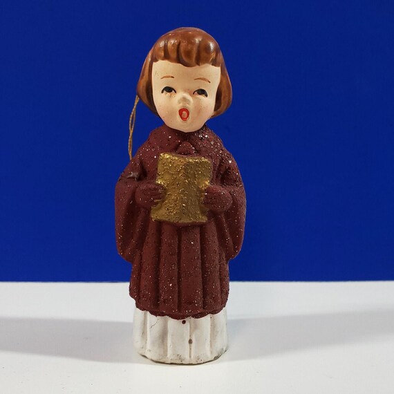 Vintage Japan Paper Mache Putz Mica Choir Girl in Brown Christmas Ornament