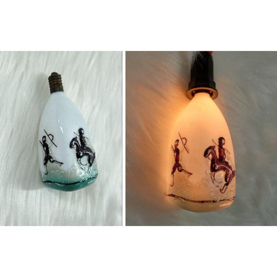 Vintage Figural C6 Milk Glass Christmas Light Bulb Hunting Scene Tribal Works