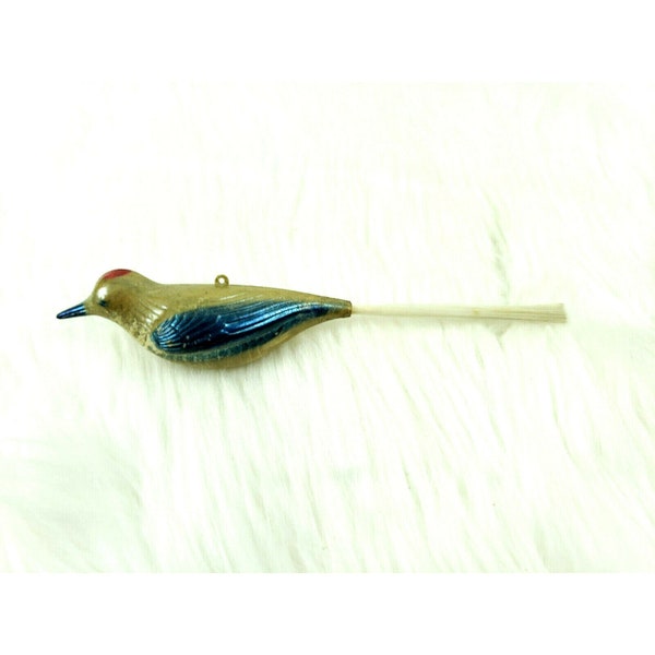 Vintage Hard Plastic Bird w Spun Tail Christmas Tree Ornament 6"