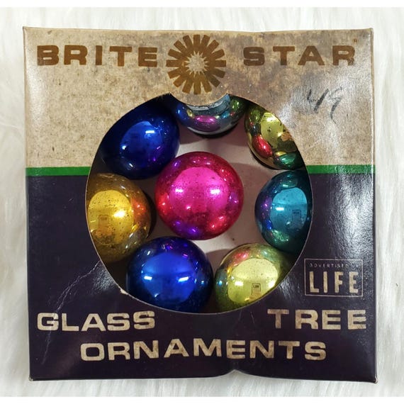 8 Vintage 25mm Mini Japan Brite Star Glass Feather Tree Christmas Ornaments Box