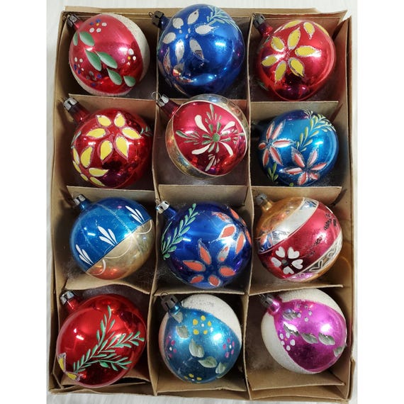 12 Vintage Poland Fantasia Mica Hand Painted Ball Glass Christmas Ornaments