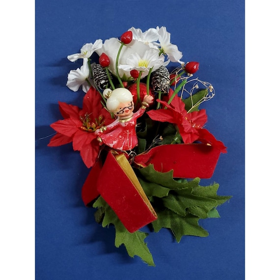 Vintage Christmas Corsage Mrs Claus Poinsettia Flower Mercury Glass