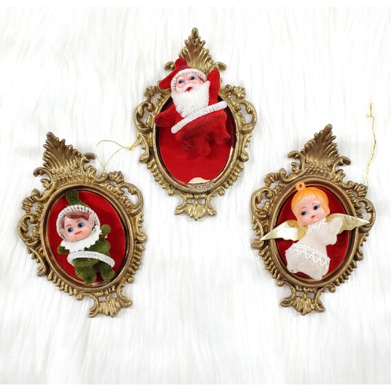 1970s VTG Bradford Plastic Picture Frame 3D Santa Elf Angel Christmas Ornaments