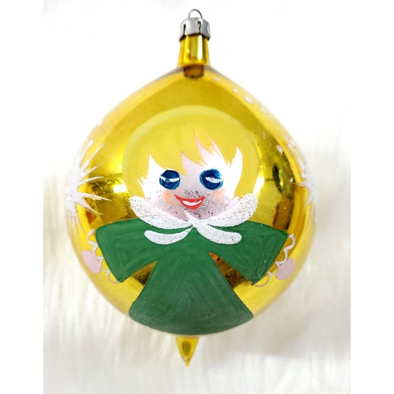 Vintage Jumbo Angel Gold Mica Teardrop Drop Glass Large Christmas Ornament 6"