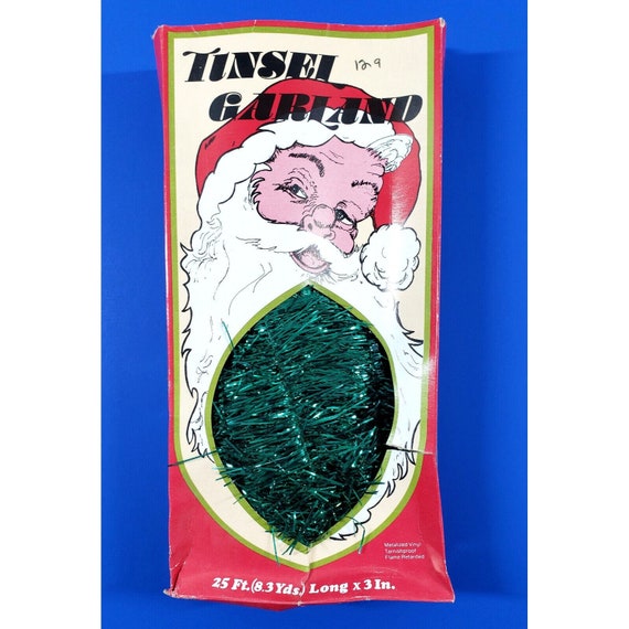 Vintage Union Wadding Green Tinsel Christmas Garland 25 Feet x 3" NOS Santa Box