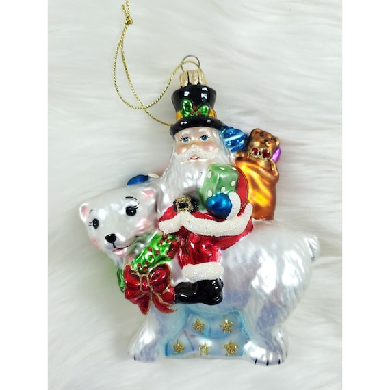 Vintage Summit Santa Claus Top Hat on Polar Bear Glass Christmas Ornament