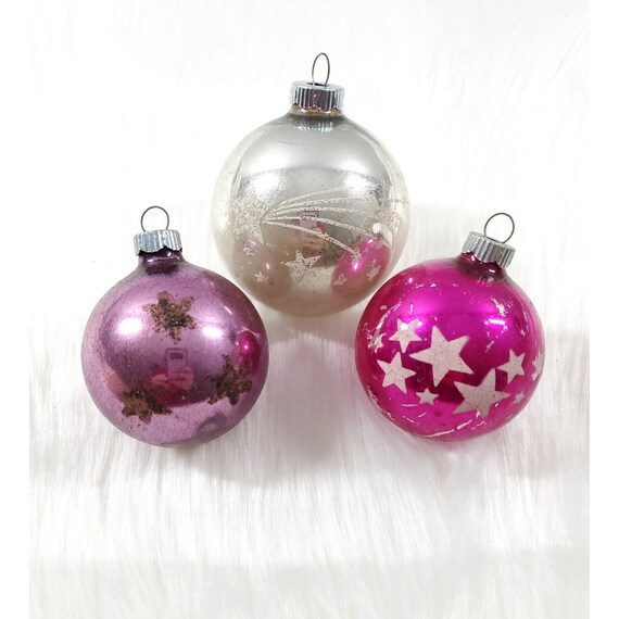 3 Vintage Shooting Star Atomic Pink Purple Mercury Glass Ball Christmas Ornament