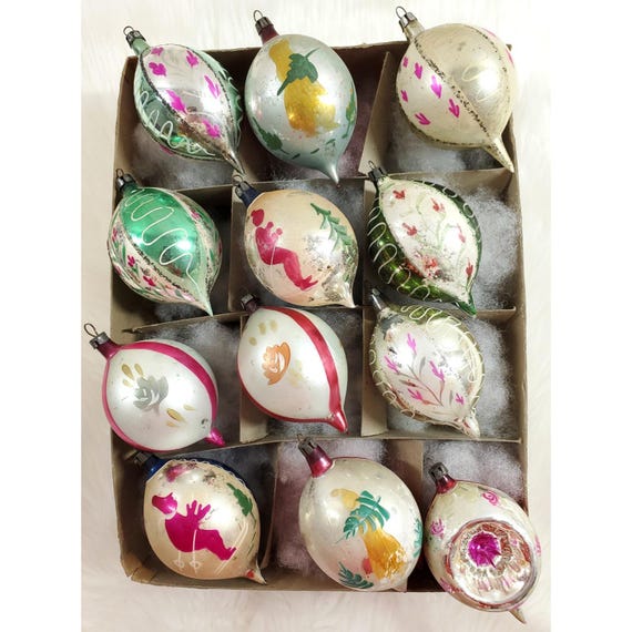 Vintage Poland Mica Teardrop Jumbo Glass Christmas Ornaments Box of 12